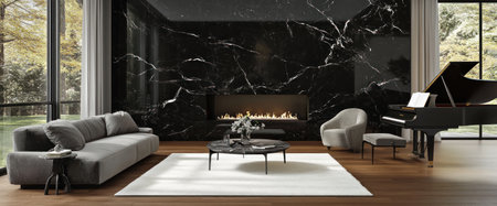 A modern living room with black marble wall panels, white rug, grey sofa and armchair, wood floor, fireplace in the background, piano by one window on right side. Realistic rendering. --ar 12:5 --v 6.1 Job ID: f0c53231-e897-41b9-886a-4532cca2e82bの素材