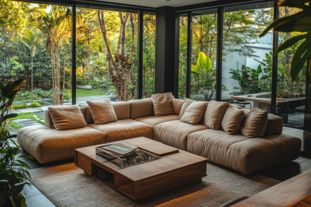 A large living room with an L-shaped sofa, coffee table, and glass windows overlooking the garden outside, creating a warm atmosphere for relaxation in modern home decor. The photo was taken using a Canon EOS R5 camera with a wide-angle lens, capturing details of interior design elements such as decorative pillows on the sofas and wooden furniture, showcasing a contemporary style. --ar 3:2 --v 6.1 Job ID: bd7964b4-b197-481d-aff8-727a8e2e9640の素材