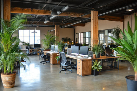 A modern open-plan office with desks and chairs, computer screens on the desks, plants in wooden pots around the room, a concrete floor, black metal ceiling beams, glass walls, and high ceilings. --ar 3:2 --v 6.1 Job ID: 3253cf1a-99b8-436a-9dc1-7acc5fc91c92の素材