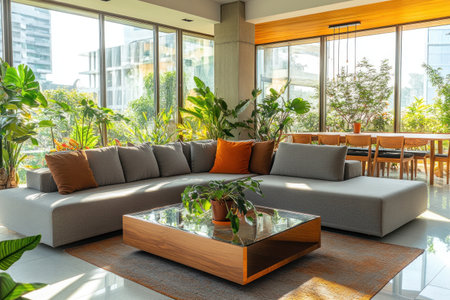 A large, modern living room with floor-to-ceiling windows and a gray corner sofa. The coffee table in the center is made of glass and wood, surrounded by various decorative plants. In front of it sits an orange cushion on top of two brown pillows. A wooden dining set can be seen at one end of the space, adding to its natural feel. This scene captures the essence of contemporary home decor. --ar 3:2 --v 6.1 Job ID: 9d8f75b7-fa34-44cf-9e78-46ff38468281の素材