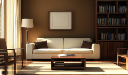 A modern living room with a white sofa, a brown wooden shelf and chairs, a brown wall behind the couch, a coffee table in front of it, and a bookcase on the right side. The color theme is a combination of brown and beige, with a photorealistic style. The image was shot using a Sony Alpha A7 III camera. --ar 17:10 --v 6.1 Job ID: a099fe78-4a8d-49f2-8d7f-1dc5e32f2226の素材