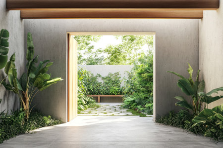 A modern, minimalist entrance hall with concrete walls and wooden beams. The open door leads to an outdoor garden filled with lush greenery and exotic plants. A stone path winds through the courtyard, leading up to a small bench overlooking nature. --ar 3:2 --v 6.1 Job ID: e077ecf8-d0c1-4ac3-a4a1-02d405f55d12の素材