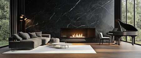 A modern living room with black marble wall panels, white rug, grey sofa and armchair, wood floor, fireplace in the background, piano by one window on right side. Realistic rendering. --ar 12:5 --v 6.1 Job ID: f0c53231-e897-41b9-886a-4532cca2e82bの素材