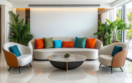 A modern living room with an elegant, curved sofa, two small chairs, and a coffee table in front of it. The walls are white, and the floor is a glossy marble. The couch is adorned with orange, blue, and green pillows. Plants on each side provide decoration, creating a minimalist style. The room is brightly lit, with high-resolution photography, natural light, and professional color grading. The focus is clean and sharp, with no excessive contrast. --ar 8:5 --v 6.1 Job ID: 78b36b57-26a3-4d7a-a1a5-8b5fb3fd102eの素材