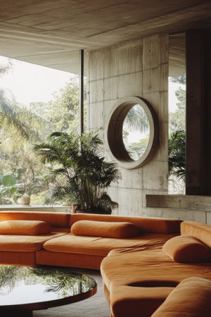 A luxurious living room designed in the style of Michaelangelo, featuring glass and concrete textures, soft orange sofas with round mirrors on the wall, a large floor-to-ceiling window overlooking nature, soft natural light creating an atmosphere of tranquility and luxury. The photography was shot using Kodak Portra film for its vibrant colors and fine grain quality. --ar 85:128 --v 6.1 Job ID: 51a60f20-8136-4e62-b021-cd3d9a8a4642の素材