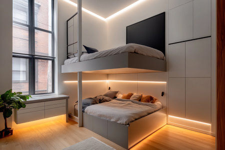 A modern and minimalist bedroom with a sleek, grey bed frame featuring a built-in desk underneath the upper lofted, windowless bay that has two beds on top of it. The walls feature white cabinets for storage, while warm lighting illuminates the area above the room's entranceway. A plant sits in front of one wall next to a large, framed black poster. The room has wooden flooring. It exudes simplicity, sophistication, elegance, and playfulness. The color scheme includes neutral tones like cream, beige, or light gray. --ar 3:2 --v 6.1 Job ID: abbbb22d-3d1a-460d-afbb-35674bfab6afの素材