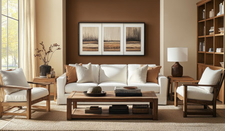A modern living room with a white sofa, a brown wooden shelf and chairs, a brown wall behind the couch, a coffee table in front of it, and a bookcase on the right side. The color theme is a combination of brown and beige, with a photorealistic style. The image was shot using a Sony Alpha A7 III camera. --ar 17:10 --v 6.1 Job ID: a099fe78-4a8d-49f2-8d7f-1dc5e32f2226の素材