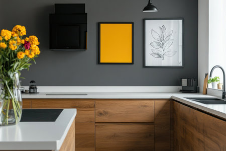 A modern kitchen with grey walls, wooden cabinets, and a white countertop, with yellow frames on the wall, a vase of flowers in front of one frame, an open view toward cooking utensils, a dark stainless steel sink, and a large black picture frame hanging above it. A small table is near the camera. The photo was taken from behind by a professional photographer. --ar 3:2 --v 6.1 Job ID: 8f0ded3f-a4a4-48fb-b21e-9483c87694b9の素材