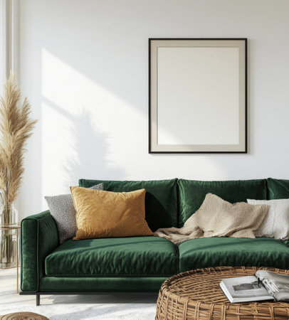 A modern living room with a green velvet sofa, white walls, and a black frame mockup hanging on the wall. The interior design has a cozy, boho-style aesthetic, with an accentual, hyper-realistic photography style. This image was captured in the year 2035 using a Sony Alpha A9 II camera, an f/4 aperture setting, and an 8mm wide-angle lens. The shallow depth of field and an ISO of 67 result in a fine art photography style, which has been recognized with awards. --ar 9:10 --v 6.1 Job ID: f654e093-df01-45d6-b26c-7db62b962c3aの素材