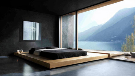 A modern bedroom interior with large windows and a sea view, featuring a minimalistic design of the bed on a wooden platform. The room has black wall panels, a gray floor, and a white ceiling. The panoramic window offers a view of the blue sky outside. --ar 53:30 --v 6.1 Job ID: d86e6d7a-eb71-429f-aa0f-56ded52a46a9の素材