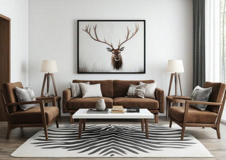 A modern living room with a zebra-print rug, a chocolate brown sofa and armchairs in light wood, a white coffee table in the center of the floor, lamp stands on side tables, antlers hanging above a wall painting, a minimalist interior design style, natural lighting, a wide-angle shot, hyper-realistic photography, high resolution. --ar 7:5 --v 6.1 Job ID: a2a6fcb8-12a2-4667-83fc-bf693ce10f8dの素材