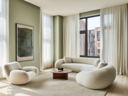 A modern living room with light green walls, white curtains on the left window, and a round wooden floor in a beige color. There is an armchair near two sofas covered by soft cream cushions. A coffee table stands between them. The wall behind the sofa has a large framed art piece. On one side of the windows, there's another window panel with a sheer curtain, which adds to the overall airy feel of the space. In front of the couch, there's also a small black metal frame. --ar 4:3 --v 6.1 Job ID: 5291b79d-6228-4ad6-9cf9-c5a69d6c783dの素材