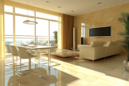 Modern minimalist style, living room with a dining table and sofa combination, light-colored marble floor tiles, beige wall panels, a TV background wall, interior design renderings, floor-to-ceiling windows, a large balcony space, high-definition photography, warm color tones, natural lighting, a wide-angle lens perspective, modern furniture decoration, and a harmonious composition. --ar 3:2 --v 6.1 Job ID: ebedf31a-1dc7-426f-9c27-1fb9425b51eaの素材