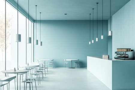 A modern and minimalist cafe interior with light blue walls, a concrete floor, a white ceiling, a long bar counter on the right side of the picture, tables for guests on the left, modern pendant lights, and natural lighting. High-resolution photography. --ar 3:2 --v 6.1 Job ID: db74a38f-84d2-4a3c-b8ea-2e4a7ff23912の素材
