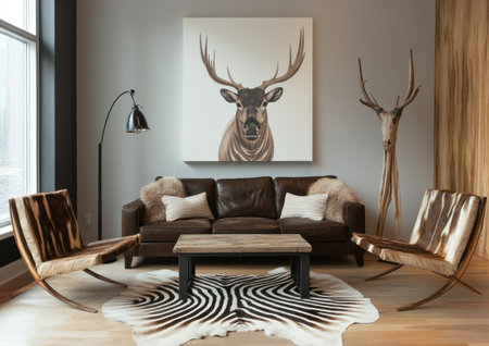 A modern living room with a zebra-skin rug, a chocolate-brown sofa, and two chairs in light wood. The coffee table is made of black steel. A large white canvas hangs on the wall above the couch. On one side, there's an antler floor lamp. There should be no other furniture or decor items in the scene to keep it simple. The lighting will come from natural sunlight streaming through the windows. Use a Sony Alpha A7 III camera with a Kodak Portra Pro 400 film style. --ar 7:5 --v 6.1 Job ID: ae3ecb4e-0cc4-4560-b5b3-0bfdde2c1a73の素材