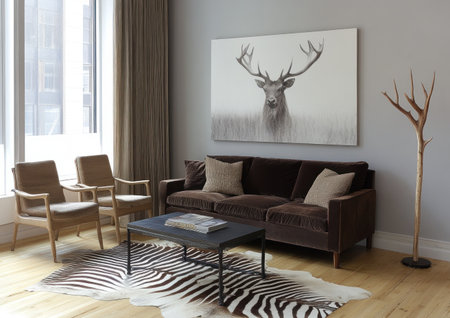 A modern living room with a zebra-skin rug, a chocolate-brown sofa, and two chairs in light wood. The coffee table is made of black steel. A large white canvas hangs on the wall above the couch. On one side, there's an antler floor lamp. There should be no other furniture or decor items in the scene to keep it simple. The lighting will come from natural sunlight streaming through the windows. Use a Sony Alpha A7 III camera with a Kodak Portra Pro 400 film style. --ar 7:5 --v 6.1 Job ID: ae3ecb4e-0cc4-4560-b5b3-0bfdde2c1a73の素材