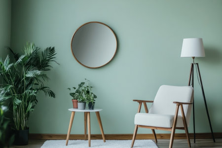 A light green wall with a single round mirror hanging on it, along with an armchair and small side table featuring potted plants. The room also features a floor lamp casting warm lighting over the space. A white rug adds to its modern aesthetic. --ar 3:2 --v 6.1 Job ID: 460c3588-0007-4490-bb52-1c9365aed4eeの素材