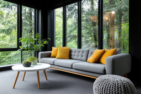 A gray sofa with wooden legs, two yellow pillows, and a round white coffee table on the floor in front of it. The room has black walls, large windows showing trees outside, and plants inside. A gray knitted cushion is placed next to one armrest of the couch. Scandinavian interior design style home living space photography. --ar 3:2 --v 6.1 Job ID: c4fa7c29-c406-44cb-92e8-87fa4bc14e7eの素材