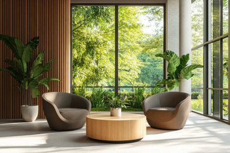 A modern office waiting area with two armchairs, large windows, and wooden walls, decorated with plants. A round coffee table in the center of an open space, with sunlight streaming through the window onto the nature outside. The atmosphere is relaxed yet professional, capturing the essence of corporate culture in its simplicity and comfort. --ar 3:2 --v 6.1 Job ID: d0400b08-3050-46cd-aa83-7d132b932c84の素材