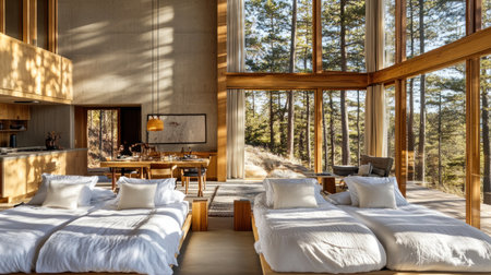 A modern house with concrete walls, large windows, and wooden furniture. The interior features an open kitchen on one floor and two beds underneath, with white beds adorned with satin sheets and pillows. Sunrays shine through the windows into the room with high ceilings, illuminating a dining table and a sofa against the glass window. Outside the window, trees can be seen, and the warm light creates a sense of minimalism and realism, with bright, natural daylight providing a panoramic view from above. --chaos 30 --ar 16:9 --v 6.1 Job ID: 41a7969d-eaf2-4d1d-836f-4494f3d93d1bの素材