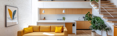 A modern, open-plan living room and kitchen with white brick walls, wooden floorboards, and a double-height space with a staircase to the upper level. A white concrete island countertop sits in the middle of an L-shaped layout, with modern light wood cabinets on one side. Bright yellow accent pillows adorn the sofa, and hanging art adorns the wall above the couch. Plants and white pendant lights complete the space. --ar 19:6 --v 6.1 Job ID: 0ff81b0b-c7c7-49f7-a318-570fc3d4a747の素材