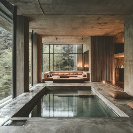 A hotel room with an indoor pool, in the center of which there is a sunken seating area, with a concrete floor and walls made from raw wood. The windows on one side look out onto nature, while behind it lies another building designed in the style of Tadao Ando, with a raw, receptive style of photography. --v 6.1 Job ID: 9448fca0-4a1f-42f4-bb5b-2ce5bf8d7706の素材