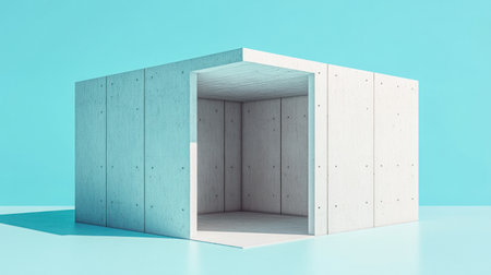 Isometric rendering of an architectural cube, made from concrete and metal elements, on a light blue background. Created using Blender, Cinema 4D, and Octane Renderer. High resolution, minimalistic, and detailed with intricate elements. --chaos 30 --ar 16:9 --v 6.1 Job ID: 644cc2a2-e10a-4a9f-b9dc-5c71ed4ba80dの素材