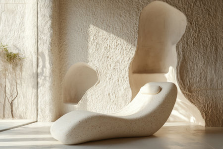 A minimalist interior design of a lounge chair, inspired by nature and the sea in white tones with textured walls. The room features natural elements like stone or wood to create a harmonious atmosphere. --ar 3:2 --v 6.1 Job ID: 68c0fcad-9342-4593-9141-bf54e580dc1eの素材