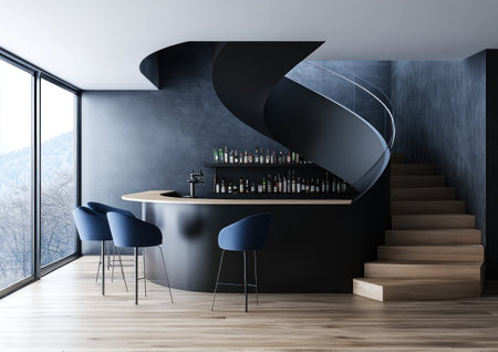 A modern hotel bar with a black and wood color scheme, featuring a contemporary design with glass elements. The walls are a light gray, and the chairs are a dark blue. The floor is made of wood, and a modern spiral staircase is visible in the background. The furniture around the bar area is minimalist in style. This image is an architectural photograph, highly detailed. --ar 7:5 --v 6.1 Job ID: e8fdd0d2-709c-4ff2-935b-ef8b79d4dcbfの素材