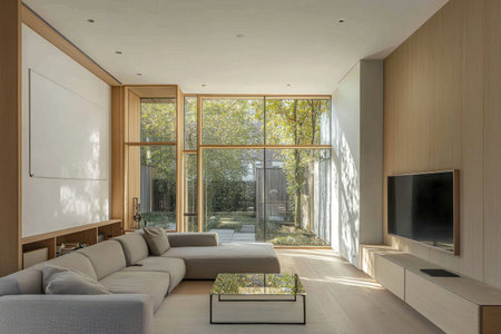 A modern living room in Amsterdam, with white walls and a light wood floor. A grey sofa, a glass table with a TV on it, and a window overlooking the garden to the side. A white board for notes hangs from the ceiling. --ar 3:2 --v 6.1 Job ID: 41ec1f1b-cf4e-4596-a5b6-2cd3821736dfの素材