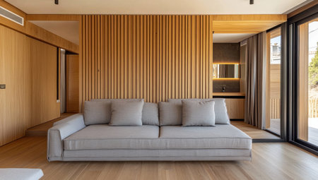 A modern minimalist-style living room with a wooden floor, a gray fabric sofa, and a brown vertical-striped wood wall panel behind the couch. There is an open door on one side leading to another bedroom. A mirror hanging above dressers sits in front of it. The overall aesthetic embodies simplicity, clean lines, neutral tones, natural light, and contemporary design elements. --ar 53:30 --v 6.1 Job ID: 16e74abc-b2d8-454a-879c-70091ccce892の素材