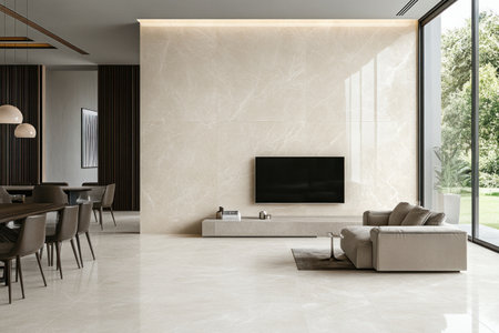 Modern living room with light beige marble wall, TV and sofa in the background, dining table on the left side of the frame, concrete floor, minimalist interior design, natural lighting from large windows, neutral color palette. --ar 3:2 --v 6.1 Job ID: cff0c91a-b5ff-4335-b9b7-f016e1cb4c49の素材