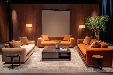 A living room with three sofas, one sofa is in the center of two other sofas. The background wall has an empty space for mockups. There's also a coffee table and side tables with lamps on them. This scene captures a clean and minimalistic interior design. --ar 3:2 --v 6.1 Job ID: 3f657f31-9d0a-48a6-8193-db759ccad9deの素材