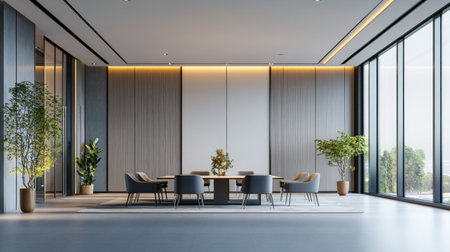 A modern meeting room interior with light wood paneling, a white ceiling, and large glass windows. High-resolution rendering, minimalist design, clean lines, and a professional atmosphere create an office environment with grey carpet flooring and natural lighting. --chaos 30 --ar 16:9 --v 6.1 Job ID: 07e05241-e453-4730-ba80-9af062f5b610の素材