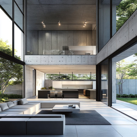 A modern house designed in the style of Tadao Ando, with large windows looking out to the garden. The open kitchen features white and black tones, while the living room is made of concrete and includes sofas and a coffee table, showcasing a minimalist interior design. --v 6.1 Job ID: b782229d-726f-408d-a113-df779d5429c1の素材