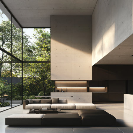 A modern house designed in the style of Tadao Ando, with large windows looking out to the garden. The open kitchen features white and black tones, while the living room is made of concrete and includes sofas and a coffee table, showcasing a minimalist interior design. --v 6.1 Job ID: b782229d-726f-408d-a113-df779d5429c1の素材