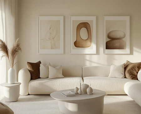 A living room with three white frames on the wall, a beige sofa and coffee table, a modern style, natural light, soft tones, minimalist design, a warm atmosphere, and a comfortable feeling of home. In the style of [Artist name]. --ar 37:30 --v 6.1 Job ID: 1498f4d4-de10-4ada-a5ff-dee659700a7bの素材