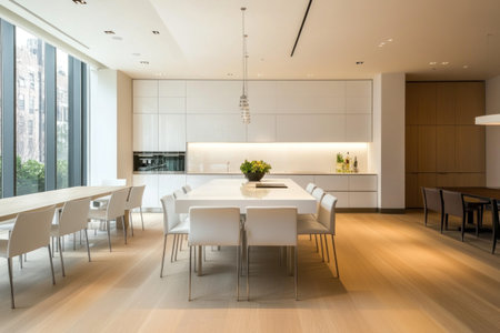 A modern dining room with white cabinets and light wood floors, featuring an island bar with chairs around it. The walls have a minimalist design, creating a clean aesthetic. A large window on the left side highlights natural lighting. In front of one wall is another table set for four people. This scene captures simplicity in furniture arrangement and color palette, showcasing minimalistic elegance in the style of ultra-realistic photography. --ar 3:2 --v 6.1 Job ID: d74e2fb3-ff60-476f-813d-fa8c2cdcbbf1の素材