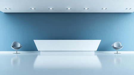 A modern medical waiting room with light blue walls and a white floor. A large reception desk is in the center of the frame, with two chairs on each side facing the front. The camera angle is at eye level, looking straight at the wall, with centered lights above the desk. --chaos 30 --ar 16:9 --v 6.1 Job ID: 87efa833-74d0-462d-bd24-32f1173d86f6の素材