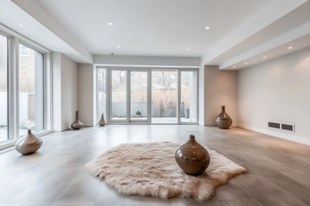 A modern home interior with a glass and concrete architectural style. The empty floor features vases on the ground, soft lighting, and a beige fur rug. The decor is minimalist and contemporary, with a window, a sound system, white walls, and grey floors. Glass doors lead to a balcony, and a kitchen can be seen in the background, with a view of the garden outside. --ar 3:2 --v 6.1 Job ID: 7522c4bb-19c2-4aa6-bd05-52bcbc0c6c51の素材