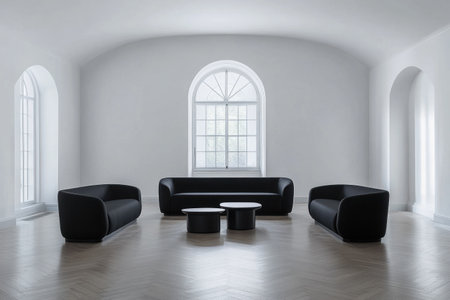 A modern living room with herringbone parquet flooring, white walls, and black armchairs. A sofa in the center, with two coffee tables on each side. On one wall is an arched window. The lighting above creates beautiful reflections on the floor. Minimalist interior design. Ultra-realistic photography. --ar 3:2 --v 6.1 Job ID: d71f2110-3bf2-40bf-8535-6fcd476cd621の素材