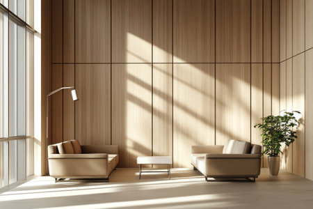 A modern, minimalist office waiting area features light wood paneling on the walls, two sofas and armchairs arranged in an L shape, a floor lamp casting soft shadows on the wall, and a window that allows natural lighting to create a calm atmosphere, perfect for displaying digital mockups or product displays. --ar 3:2 --v 6.1 Job ID: 592e5f62-c61a-4bcc-809c-9164615bec6dの素材