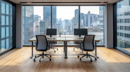 A modern office with glass walls, four desks and chairs arranged in an L shape facing the window overlooking city buildings. The room has wooden floors and gray wall paint. There is no furniture on top of each desk. The entire scene gives off a professional work atmosphere. High resolution. --chaos 30 --ar 16:9 --v 6.1 Job ID: 43f10744-6a8c-4d00-801a-4eae30c19dffの素材