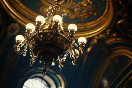A close-up shot of the ceiling, showcasing an intricate chandelier with crystal glass shades and ornate metalwork, reflecting light across its surface in a dimly lit room filled with elegant decor. The lighting is soft and warm, highlighting every detail on the ceiling, creating a luxurious atmosphere. This scene captures the grandeur and sophistication that characterizes high-end interior design. Captured with a Canon EOS R5 camera, using an f/2.0 lens at an ISO of 800. --ar 3:2 --v 6.1 Job ID: 35a80913-cc68-4f27-823a-5e267f81ab20の素材