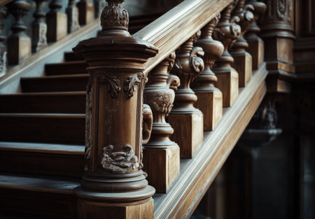 Close-up of a classical wooden staircase, with a dark academia aesthetic and a vintage feel. The stone balcony railings and spindles add to the moody, cinematic atmosphere. --ar 22:15 --v 6.1 Job ID: 405b0dd6-9d28-4a35-a2f2-a00d941101afの素材
