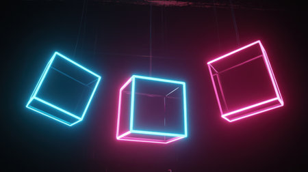 Black background with magenta and blue geometric shapes, simple, modern, and minimalistic. It features three cubes of different sizes in the foreground that appear to be floating above each other. The overall effect is one of depth and perspective. The colors create an atmosphere reminiscent of cyberpunk aesthetics. --chaos 30 --ar 16:9 --v 6.1 Job ID: fc3b5446-b86e-44b0-92cf-381fb346cdbaの素材