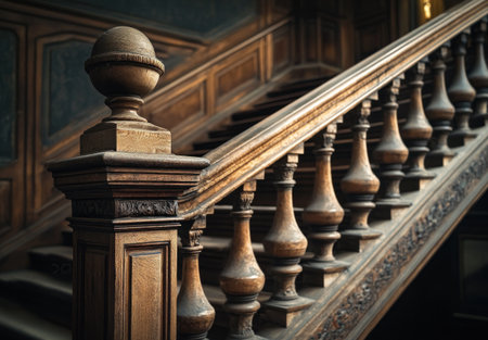 Close-up of a classical wooden staircase, with a dark academia aesthetic and a vintage feel. The stone balcony railings and spindles add to the moody, cinematic atmosphere. --ar 22:15 --v 6.1 Job ID: 405b0dd6-9d28-4a35-a2f2-a00d941101afの素材