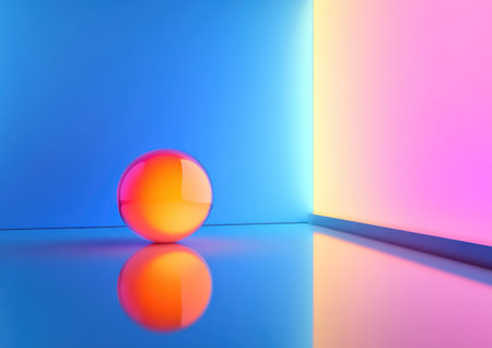 3D render of simple abstract shapes in a blue room with a neon pink and orange ball, a simple minimalistic design, pure color, high resolution. --ar 7:5 --v 6.1 Job ID: f3466546-4369-479e-84b9-fdba6c2b5a1eの素材
