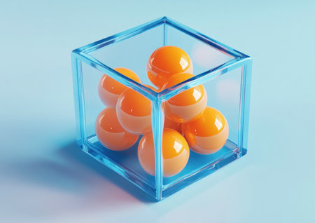 A blue glass cube with orange spheres inside, isometric view, simple design, simple colors, soft lighting, gradient background, 3D rendering, created in C4D and Blender, rendered with OC Renderer, inspired by the style of Dribbble artists. --ar 7:5 --v 6.1 Job ID: 94433e89-7a2b-4894-9e29-e975e29bf296の素材