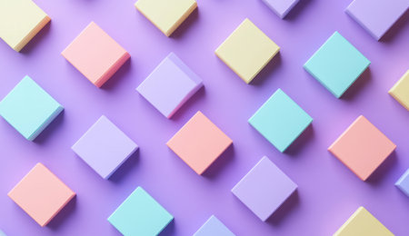 3D render of simple, minimalistic square shapes in pastel colors on a purple background. --ar 26:15 --v 6.1 Job ID: 1eae6337-0159-48f5-b452-7c5799abcd6dの素材